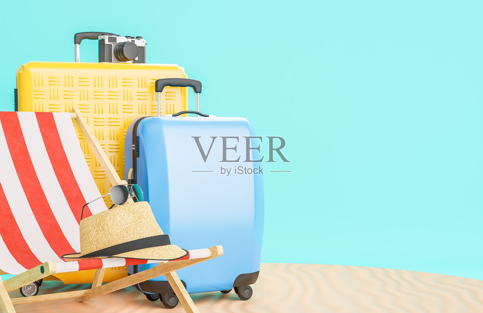 黄色和蓝色的行李箱，沙滩椅和旅行配件在沙架和浅蓝色的背景。夏季旅游概念。，3d模型和插图。照片摄影图片