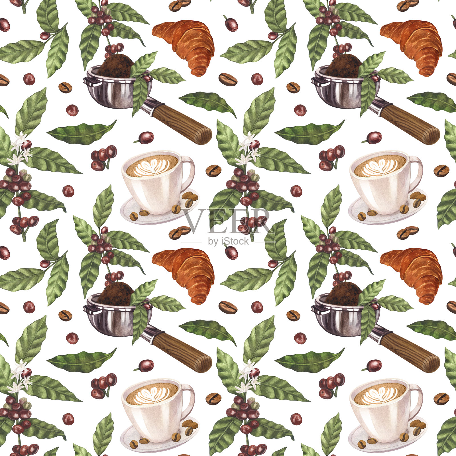 水彩无缝图案咖啡豆，分支与浆果，portafilter和杯拿铁咖啡。插图孤立在白色背景上。完美的咖啡厅，餐厅，菜单，卡片，海报的概念插画图片素材