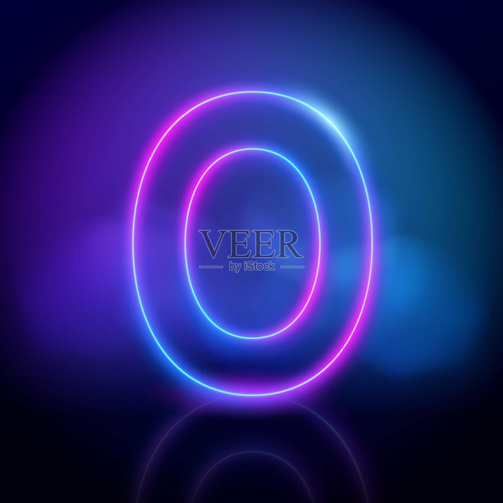 紫色霓虹灯管数字零与雾在黑暗的背景。霓虹色发光数插画图片素材