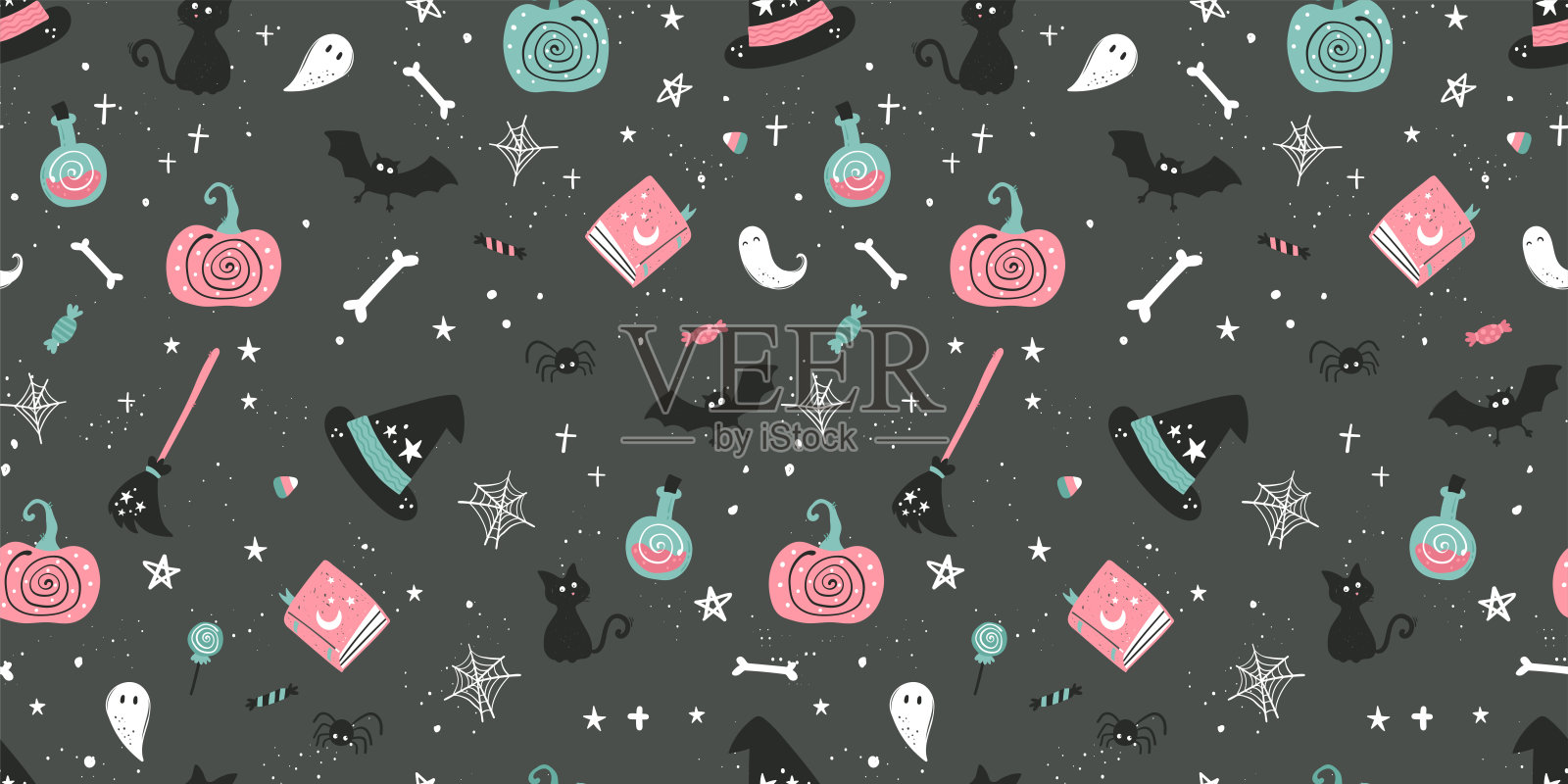 可爱的手绘万圣节无缝图案与南瓜，蝙蝠，糖果和更多的装饰，有趣的背景，伟大的纺织品，包装，横幅，壁纸-矢量设计插画图片素材