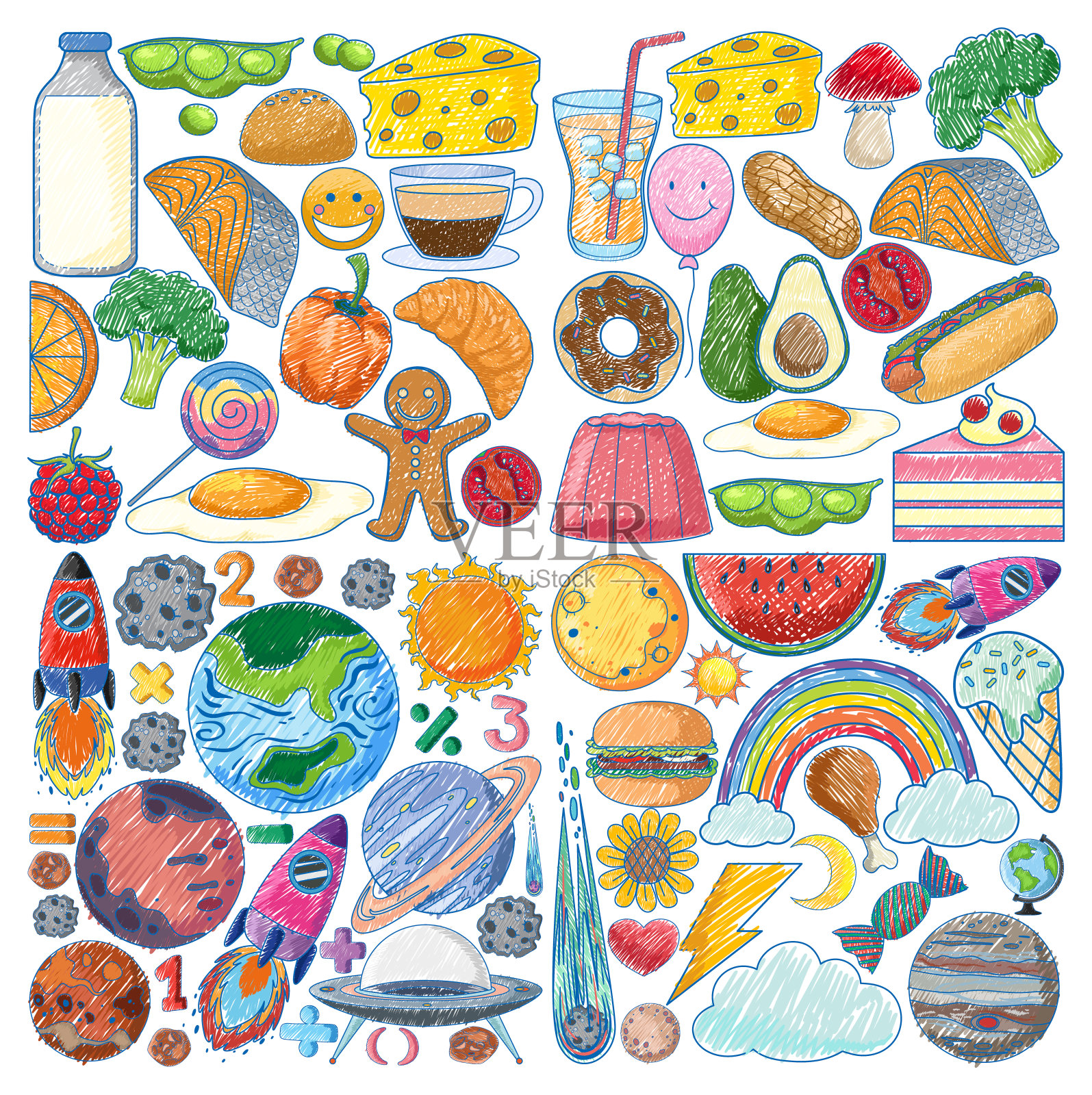 铅笔色彩素描简单风格的各种元素插画图片素材