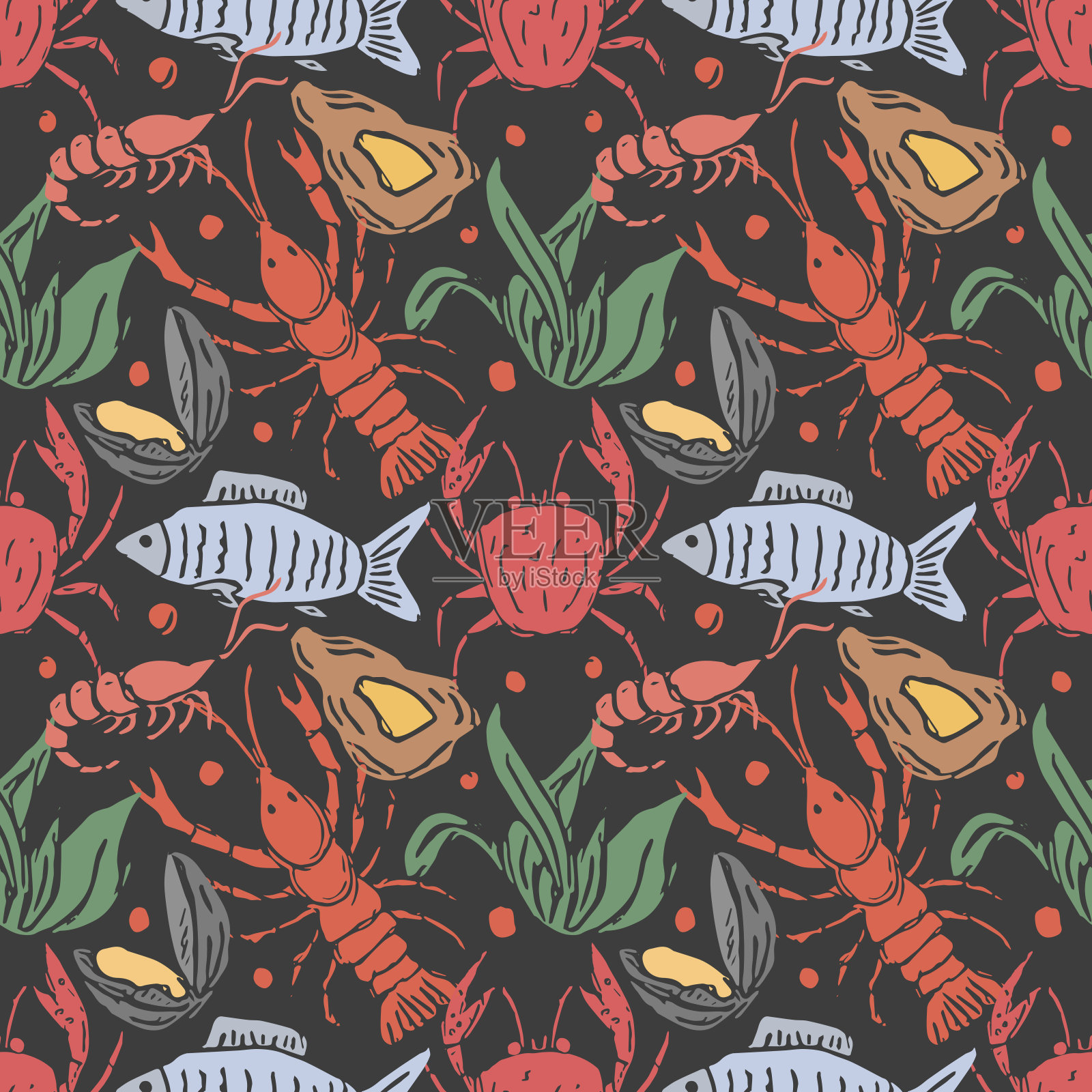 彩色海鲜图案。绘制海鲜背景插画图片素材