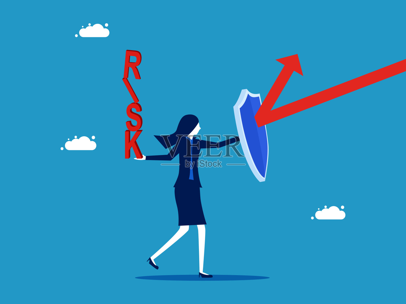 风险保护。女商人用盾牌挡箭插画图片素材