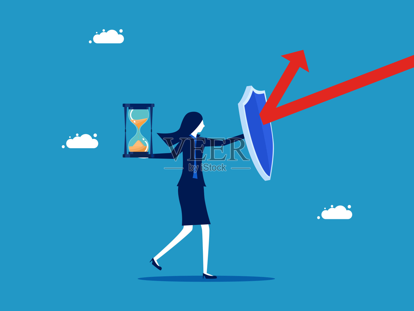 保护时间。商人用盾牌保护沙漏免受箭的攻击插画图片素材