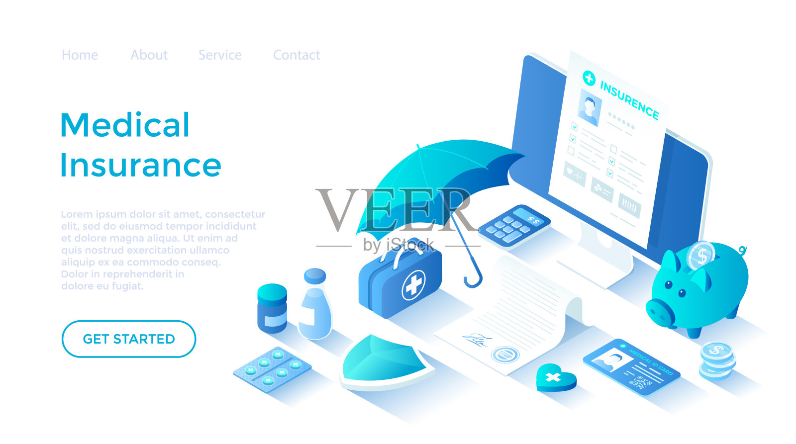 医疗保险。合同文件，保险单，填写医疗表格。人寿保险，健康保障，健康计划。登陆页面模板的网页上的白色背景。插画图片素材