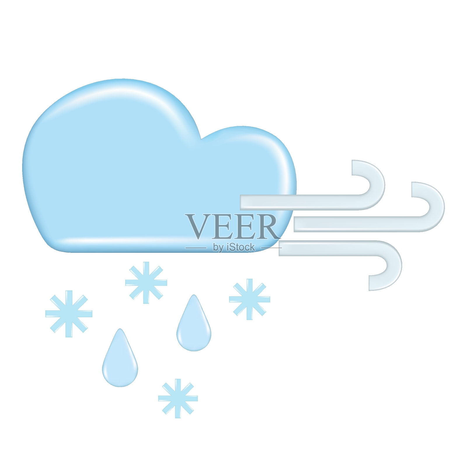 逼真的3d设计天气预报元素，图标符号，气象学。装饰可爱的3d蓝色云，雨，雪和风。卡通抽象矢量插图孤立在一个白色的背景插画图片素材