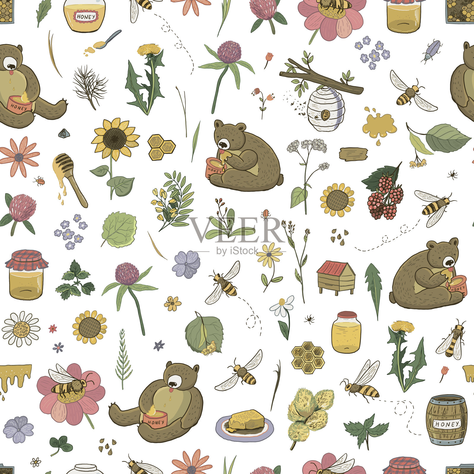 蜜蜂，蜂蜜和熊矢量无缝图案。插画图片素材