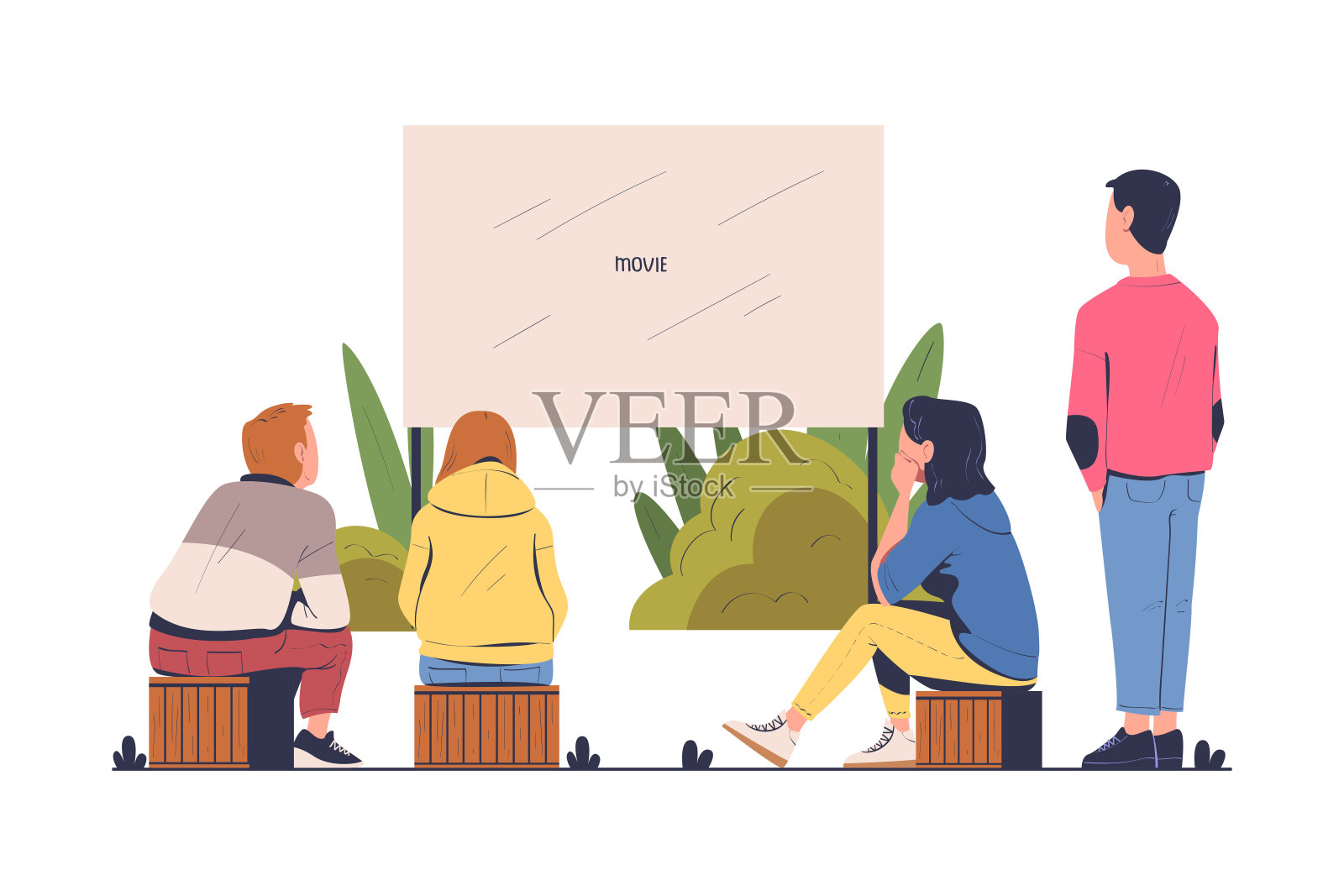 人们看电影坐在露天电影院一起矢量插图插画图片素材