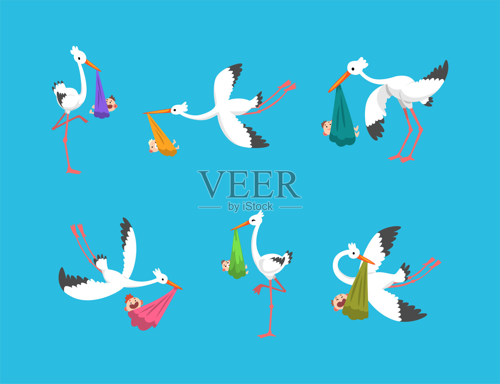 鹳携带在餐巾矢量集包裹新生婴儿插画图片素材