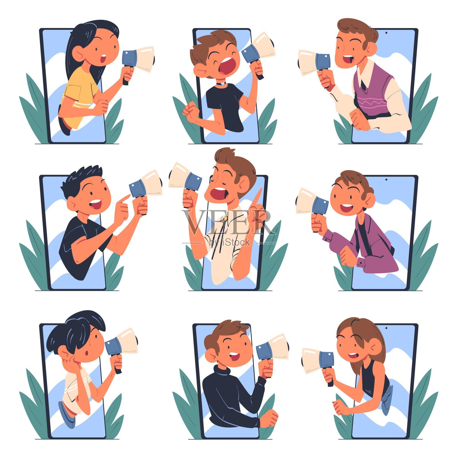 从小工具屏幕矢量集的人与扩音器大喊人物插画图片素材