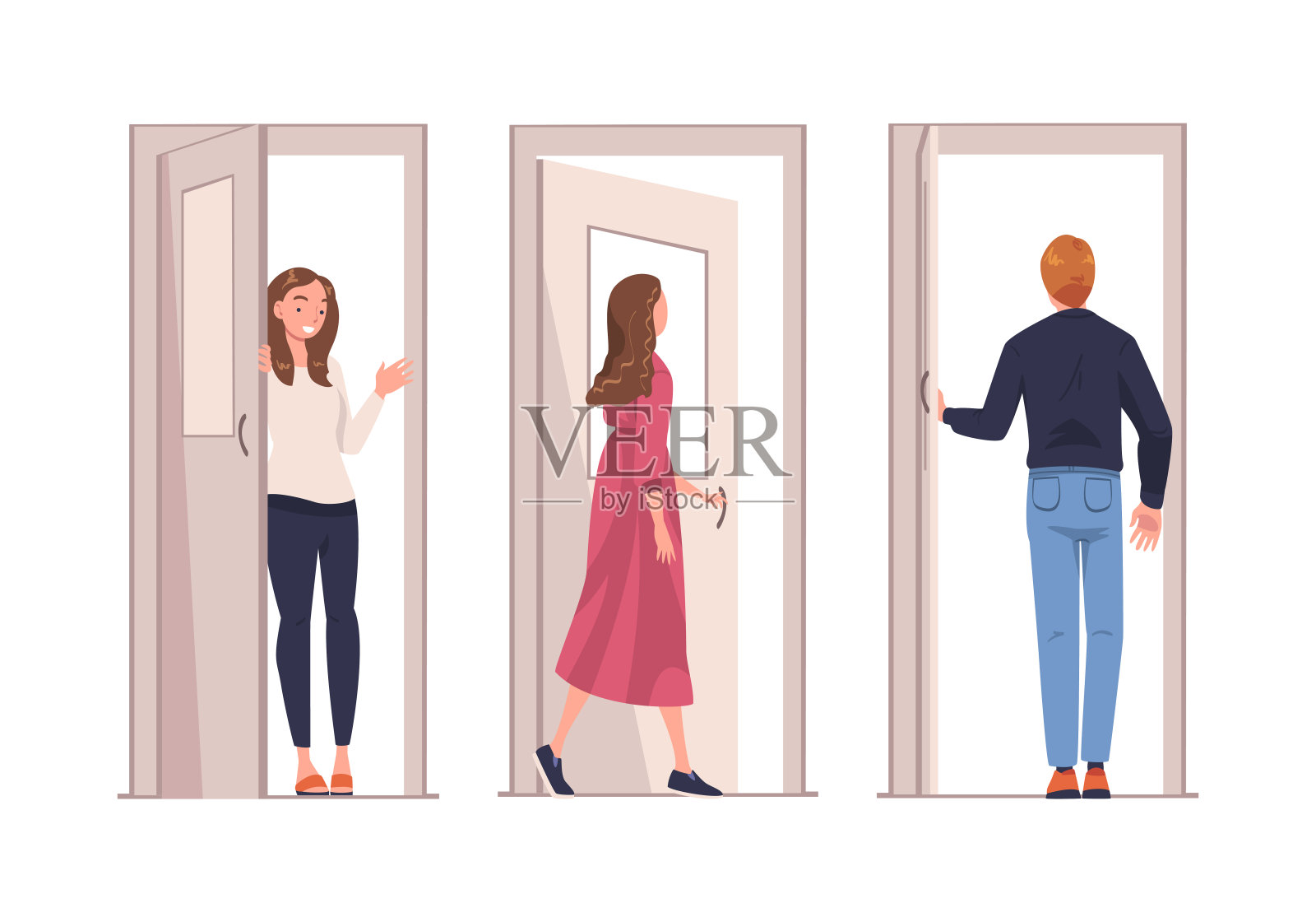 男女角色在敞开的门前出入房屋矢量图插画图片素材