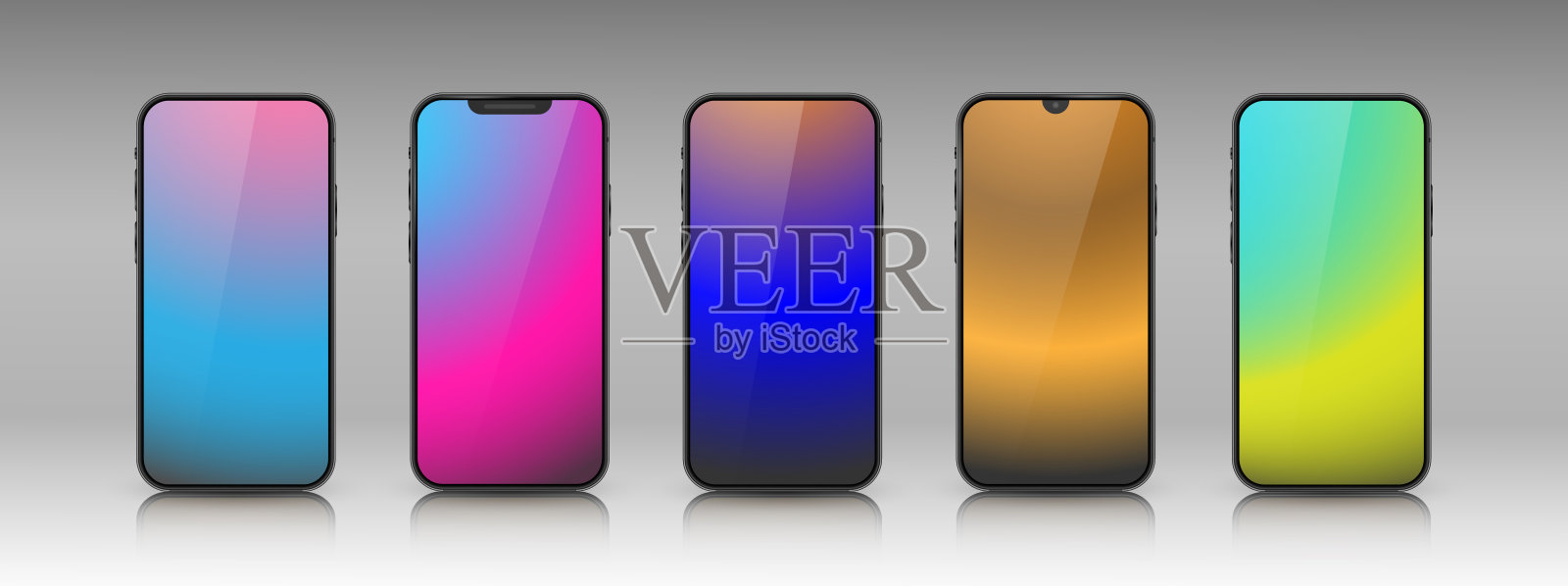 一组在灰色背景上有不同颜色渐变屏幕的智能手机。插画图片素材