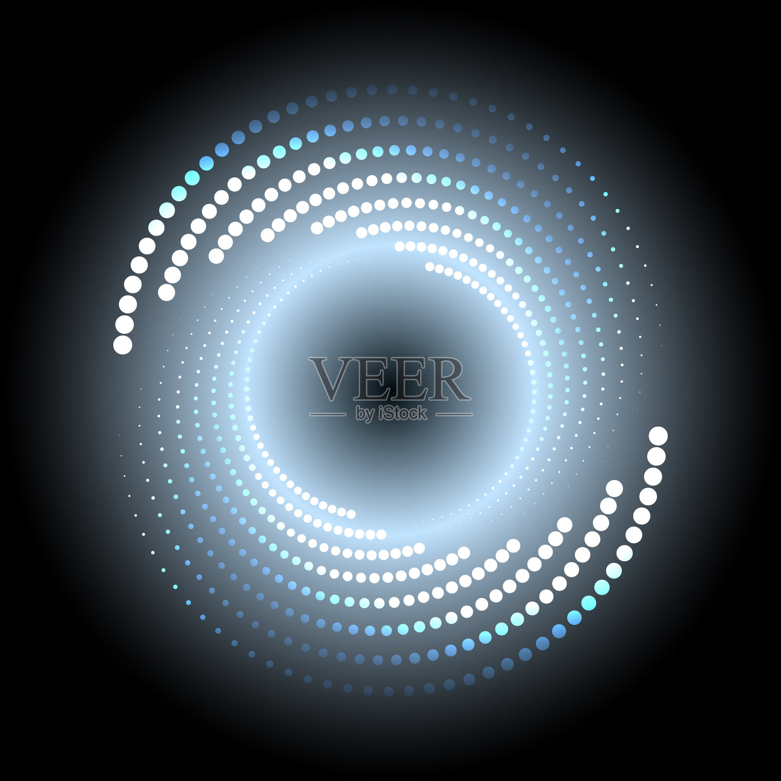 在黑色的背景上，一圈白色的半色调点缀着霓虹灯。插画图片素材