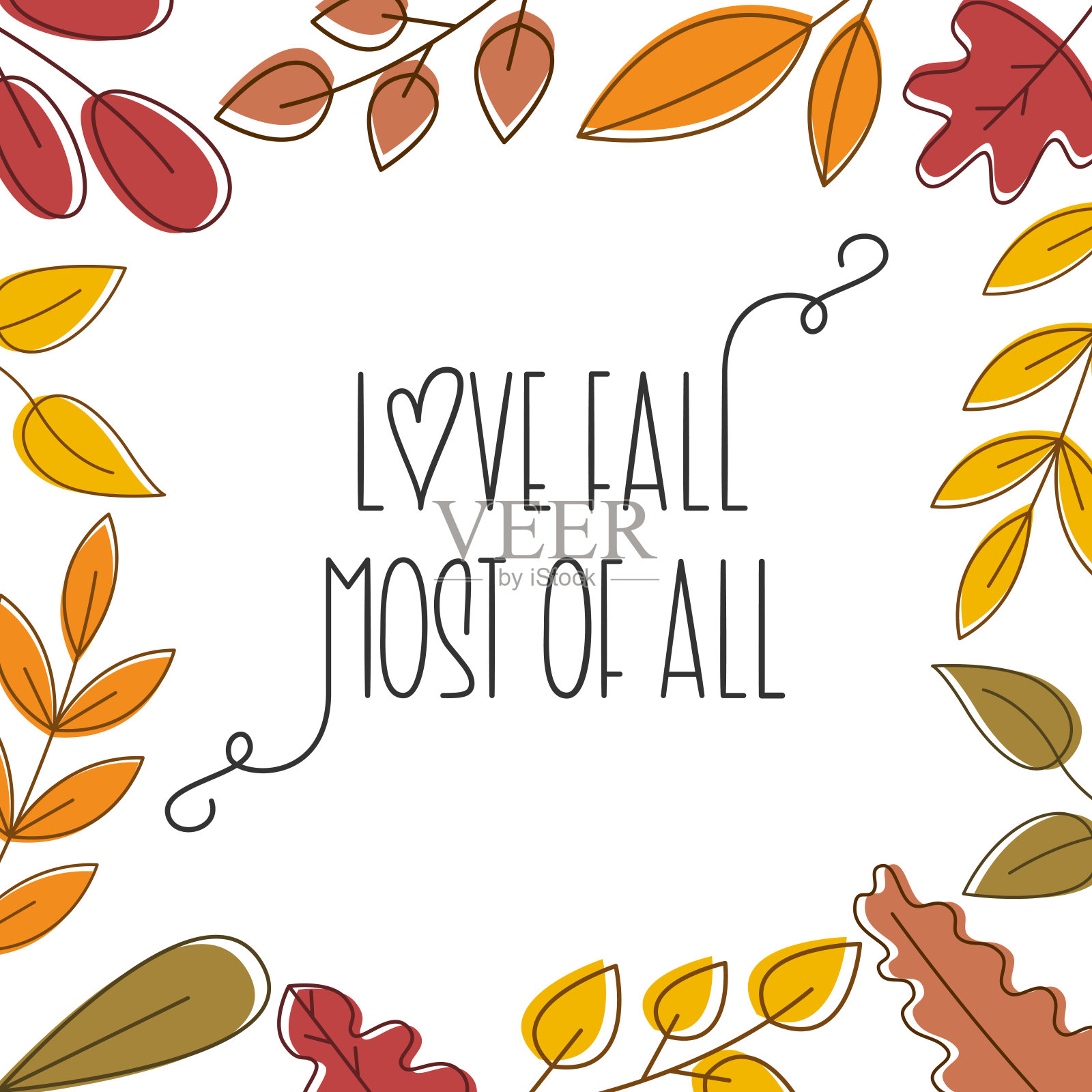 我最喜欢秋天可爱的矢量手绘字体与彩色树叶背景。落叶画框。插画图片素材