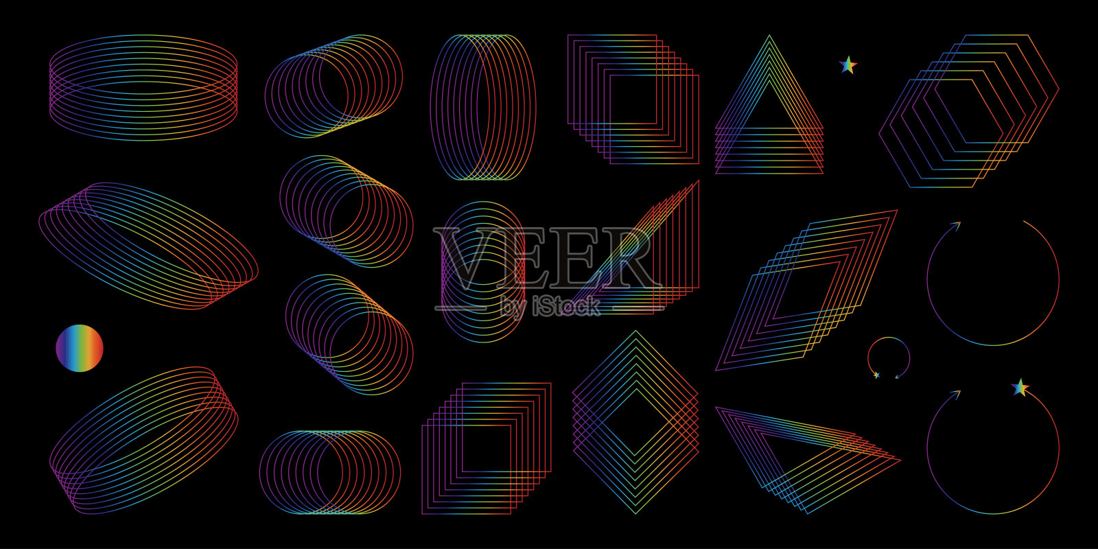 抽象形状的集合是现代多样设计元素和几何形状的时髦混合。一组赛博朋克复古未来主义，蒸汽波。设计元素的网页，广告，海报插画图片素材