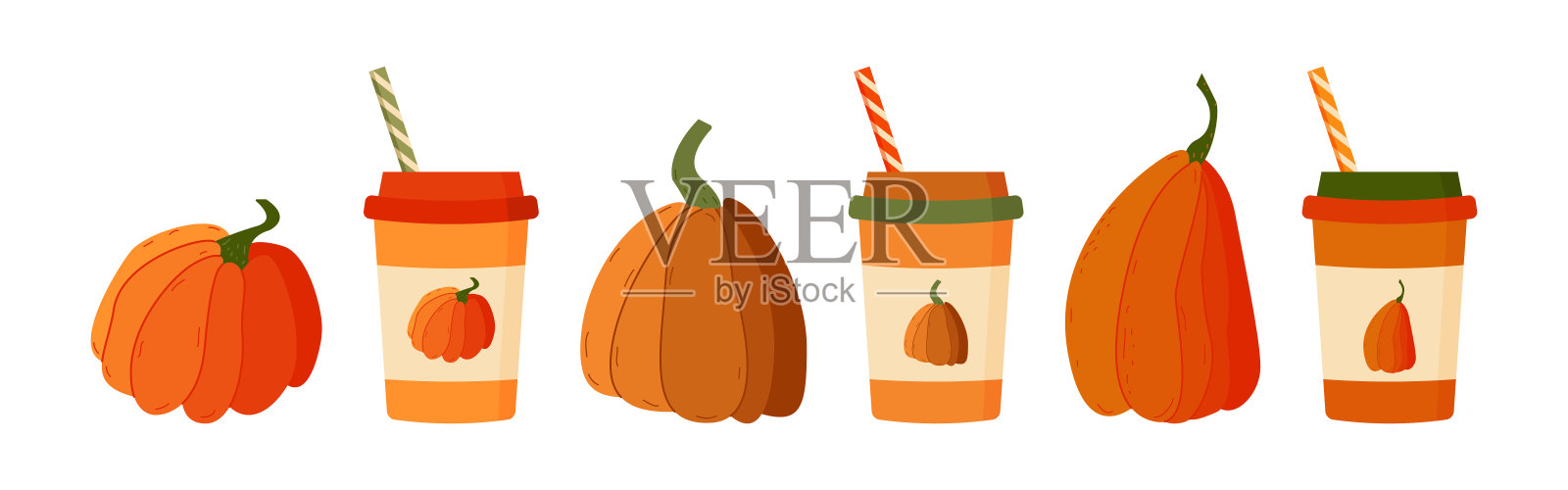 集南瓜香料季节性调味产品，咖啡，拿铁。秋天的饮料和南瓜插画图片素材