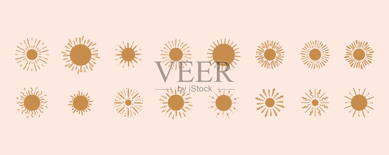 涂鸦金色的太阳。奢华夏日圈手绘元素。单色剪影徽章徽章或标志设计。晴天的象征。优雅的装饰。阳光物体，矢量隔离图标集插画图片素材