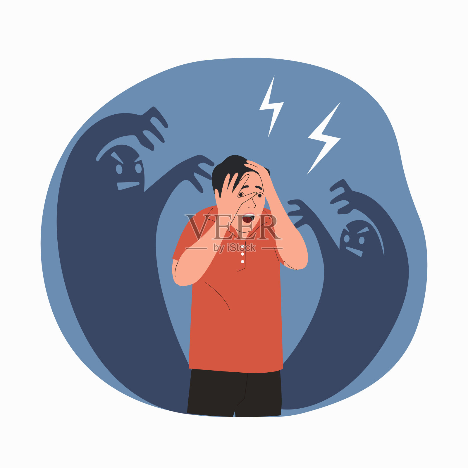 年轻男人体验恐惧、害怕和压力，害怕夜晚的怪物插画图片素材