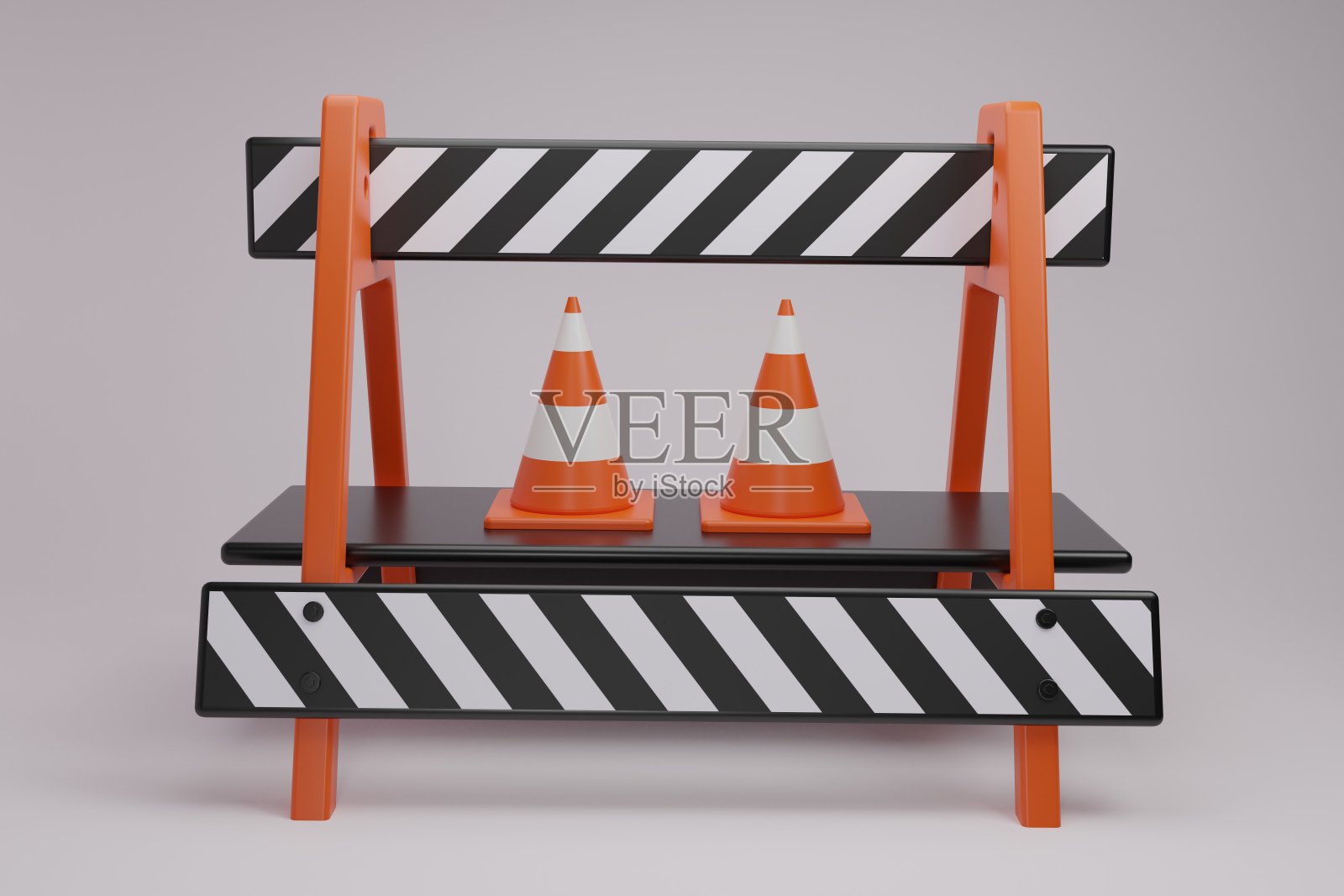 3d渲染两个交通锥与安全道路屏障。白色背景上孤立的条纹交通障碍。公路建设作业区域安全。施工警告标志。矢量写实插图照片摄影图片