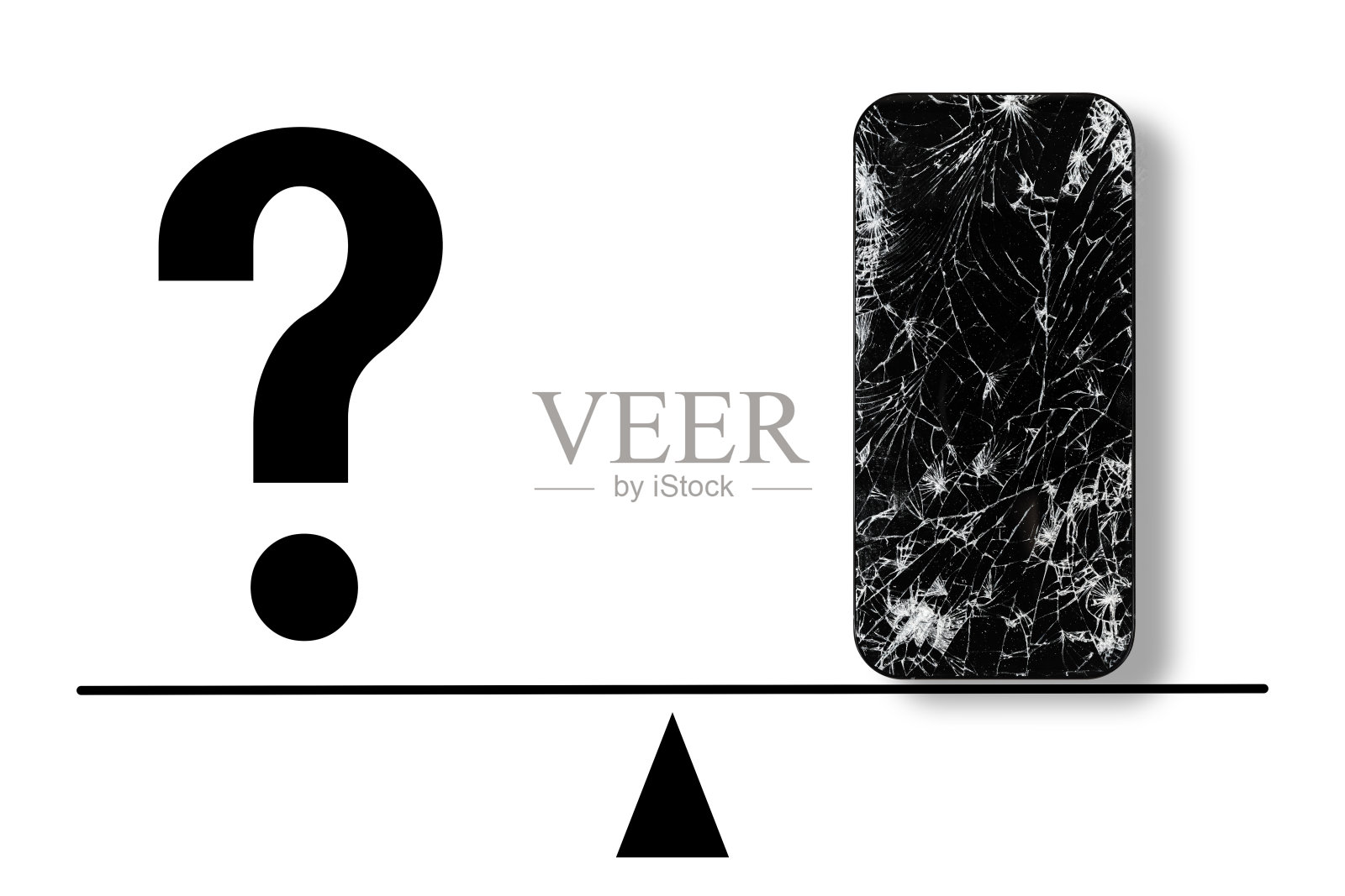 天平上有问号和破碎的手机。照片摄影图片