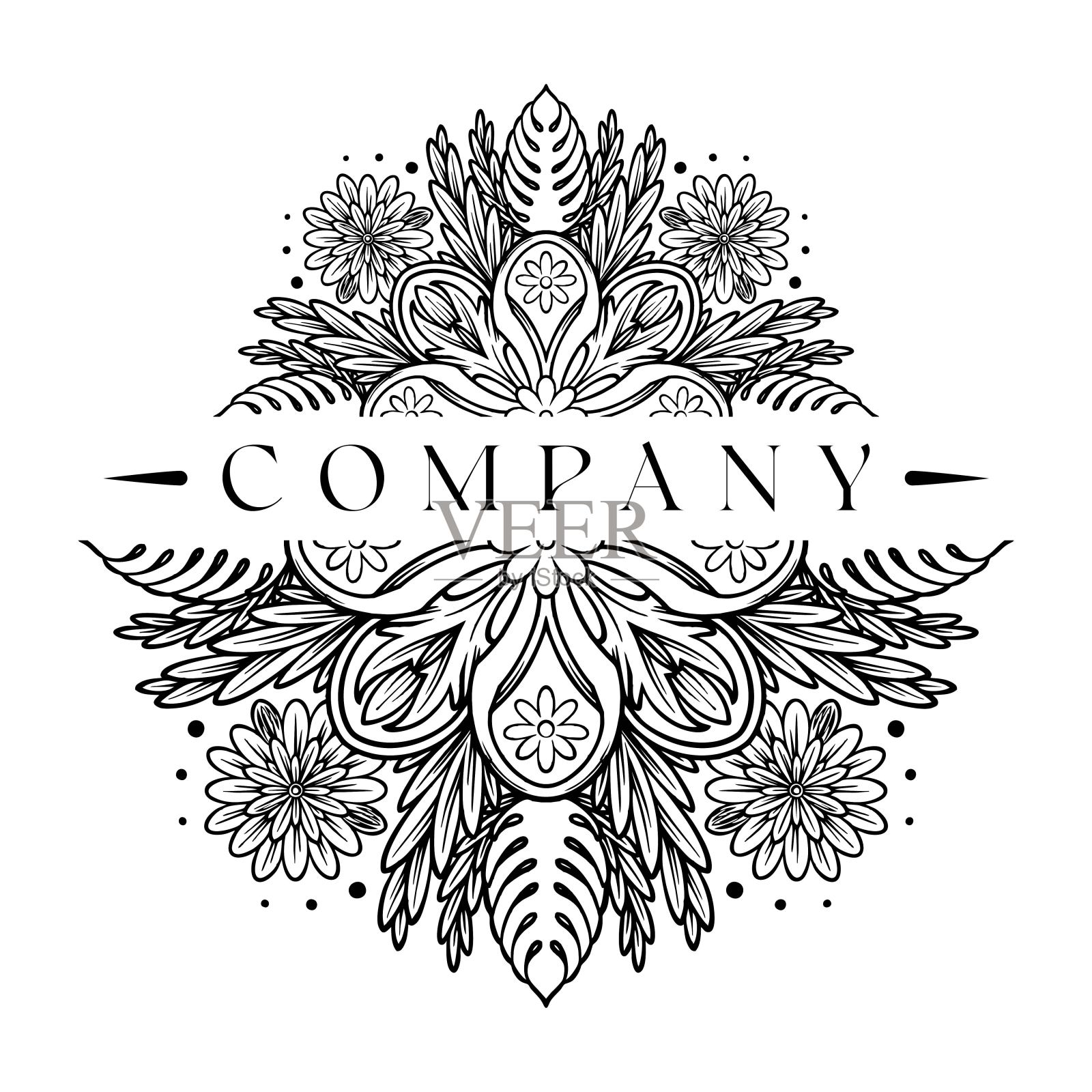 优雅的雕刻对称的花卉图案轮廓插画图片素材