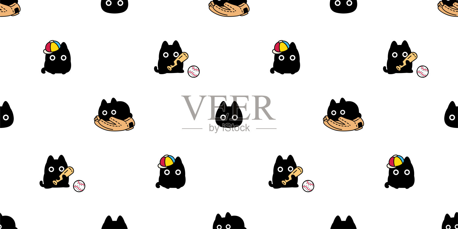 猫无缝图案印花布黑色小猫棒球棒球颈部涂鸦矢量运动宠物卡通礼品包装纸瓷砖背景重复壁纸围巾孤立的插图设计插画图片素材
