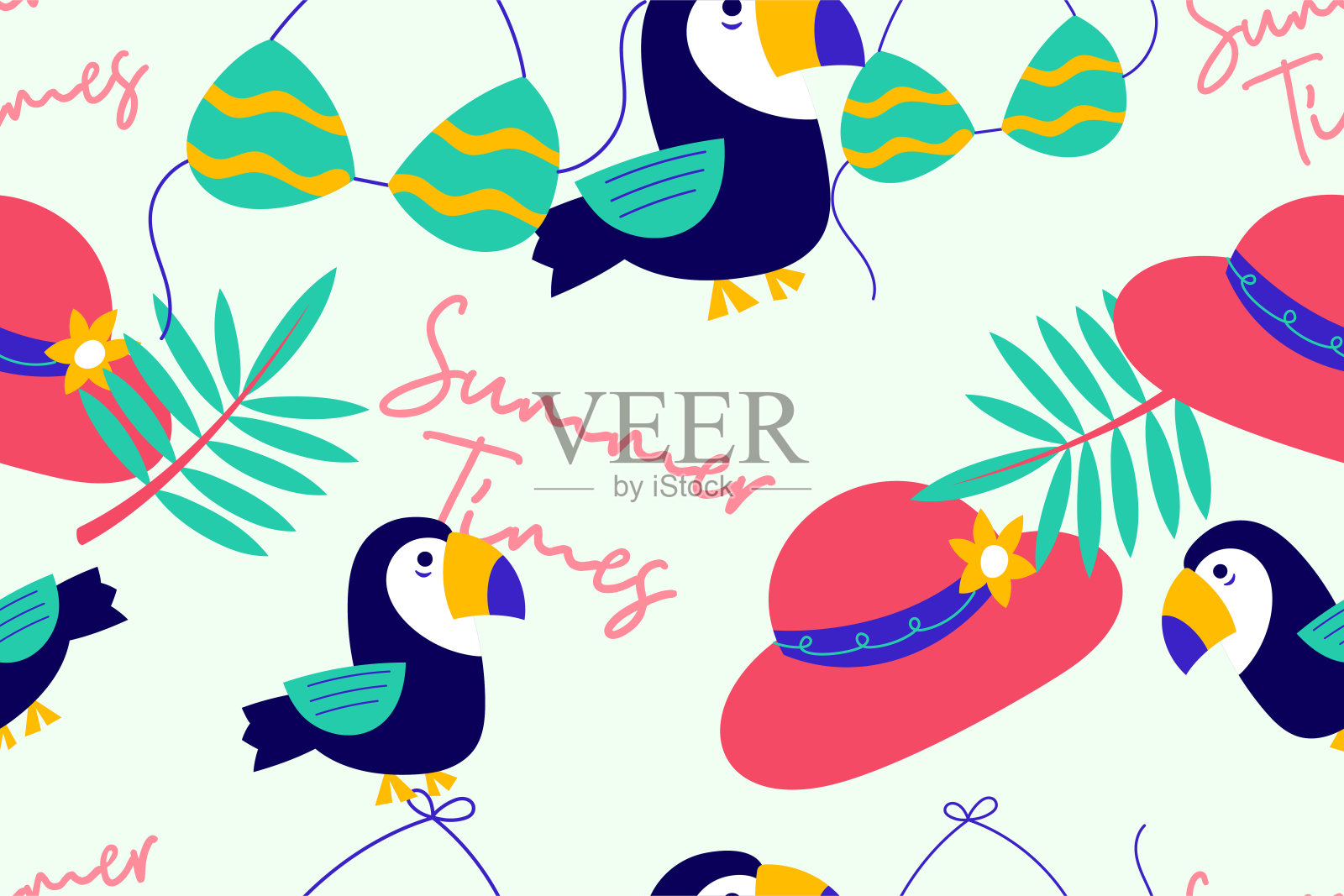 色彩缤纷的热带夏季无缝图案。手绘涂鸦美丽海滩夏天的孩子背景壁纸时尚图形印刷，纺织品，服装，包装纸矢量插画图片素材