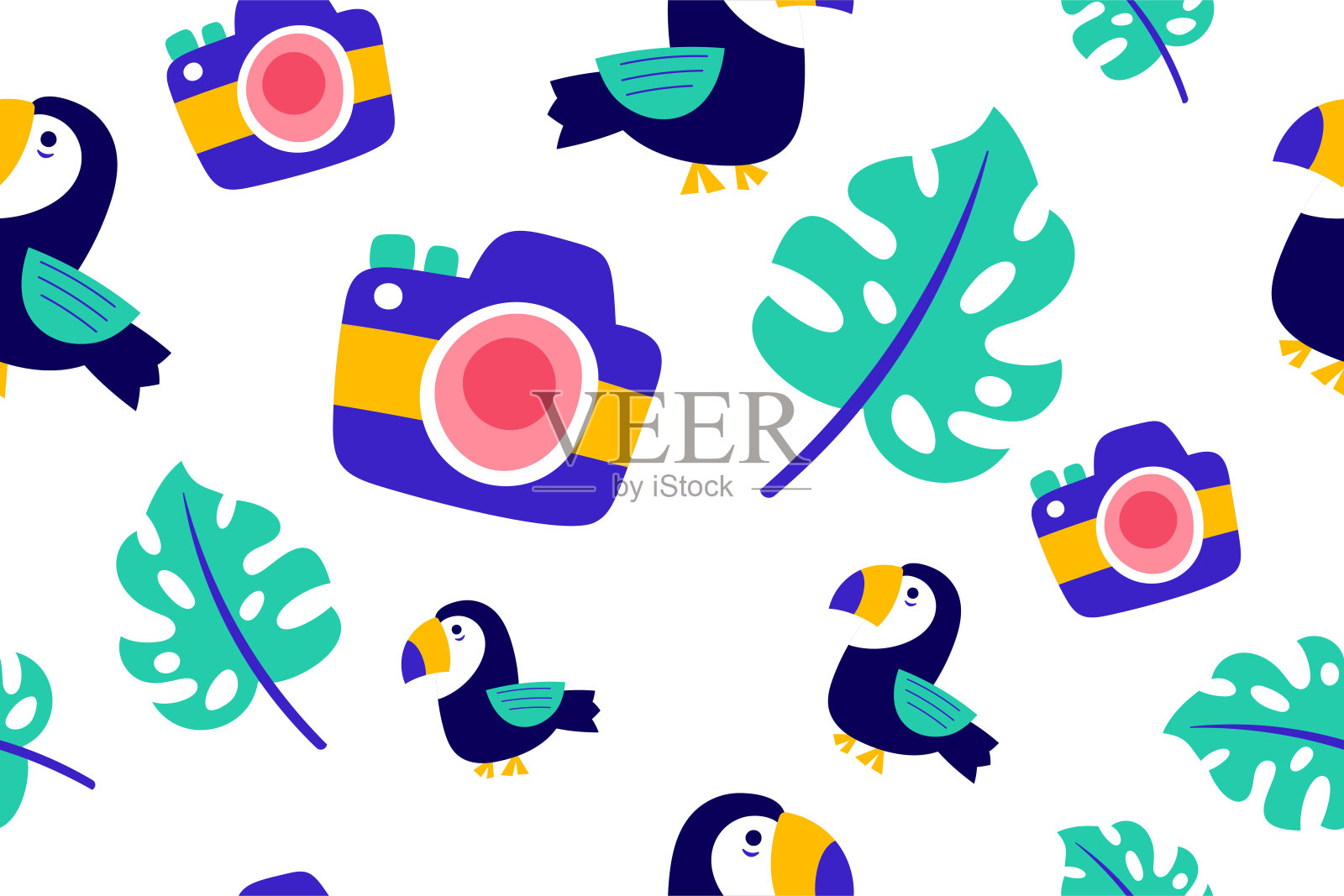 色彩缤纷的热带夏季无缝图案。手绘涂鸦美丽海滩夏天的孩子背景壁纸时尚图形印刷，纺织品，服装，包装纸矢量插画图片素材