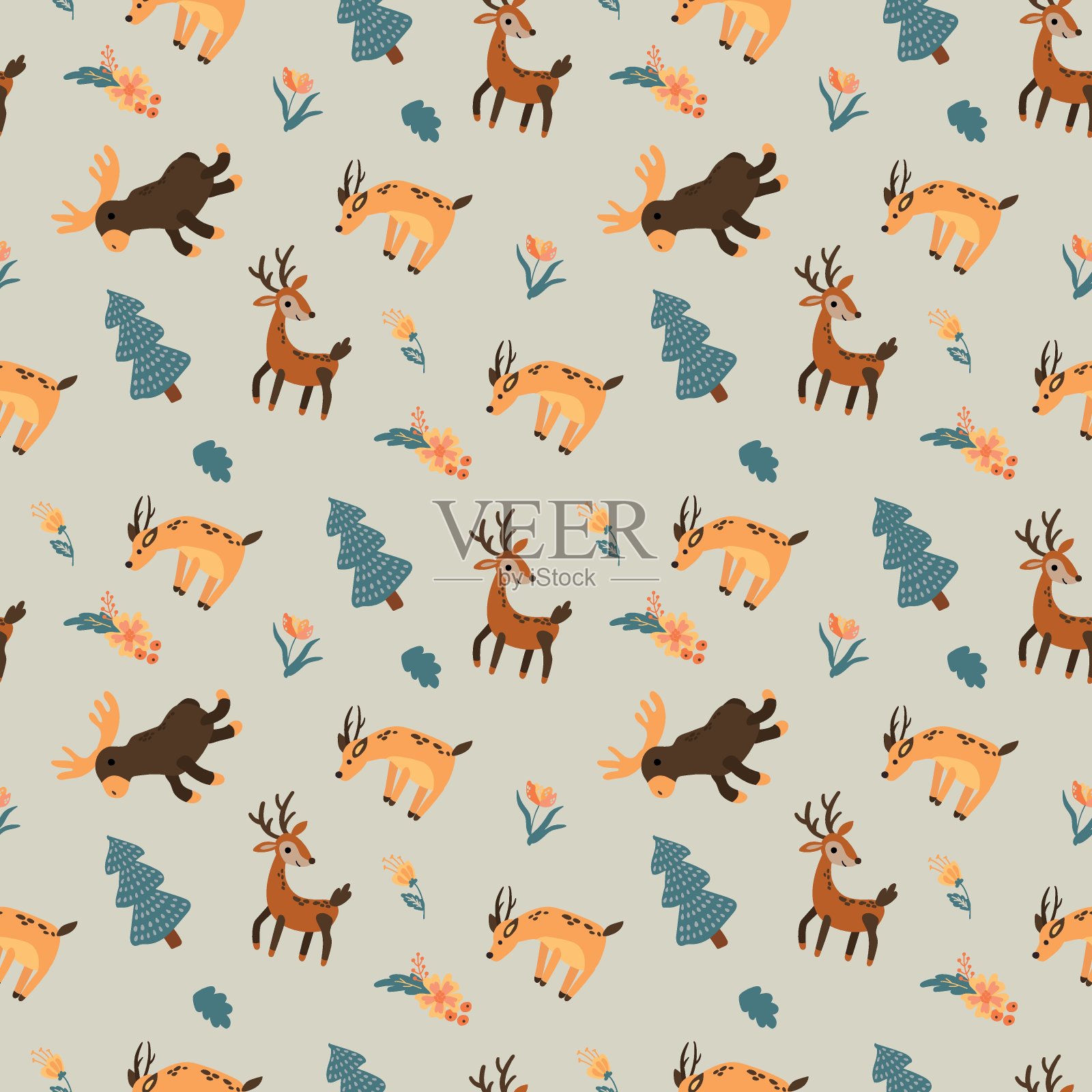 与森林动物无缝图案。麋鹿，鹿，狍子。面料、纺织品、墙纸、包装设计。插画图片素材