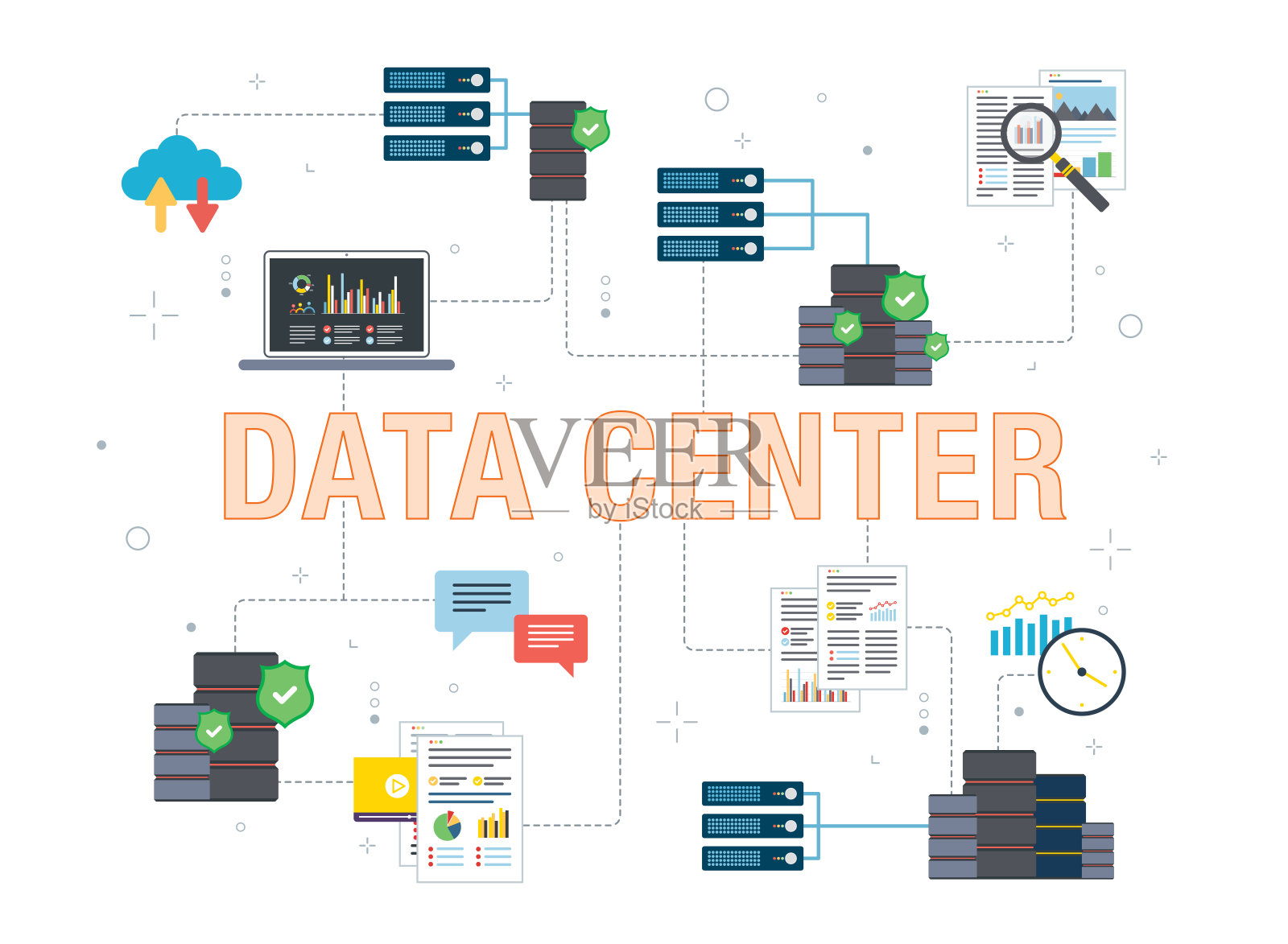 云计算、数据挖掘和数据中心图标。插画图片素材