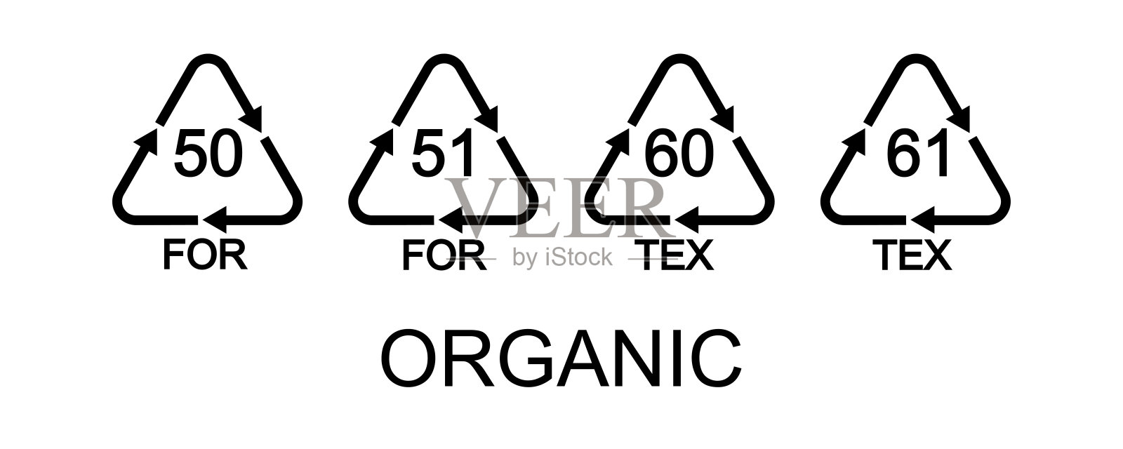 生物物质或有机物质回收标志。50 FOR, 51 FOR, 60 TEX, 61 TEX三角形，箭头可重复使用的图标孤立在白色背景上插画图片素材