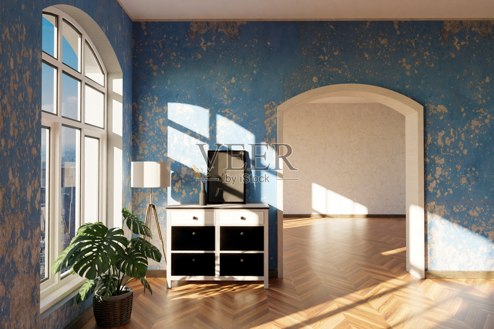 豪华阁楼公寓，拱形窗户和简约的室内客厅设计;三维演示照片摄影图片