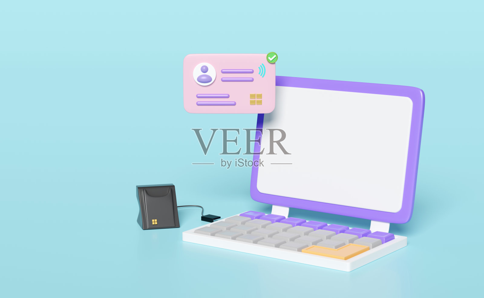 3d紫色笔记本电脑与智能卡读卡器，外部USB读卡器，身份证，WiFi图标隔离在蓝色背景。3d渲染插图，剪切路径照片摄影图片