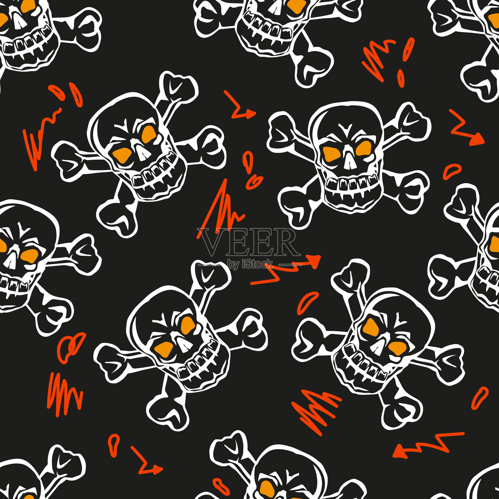 无缝图案与头骨和箭头矢量插图黑色背景。插画图片素材