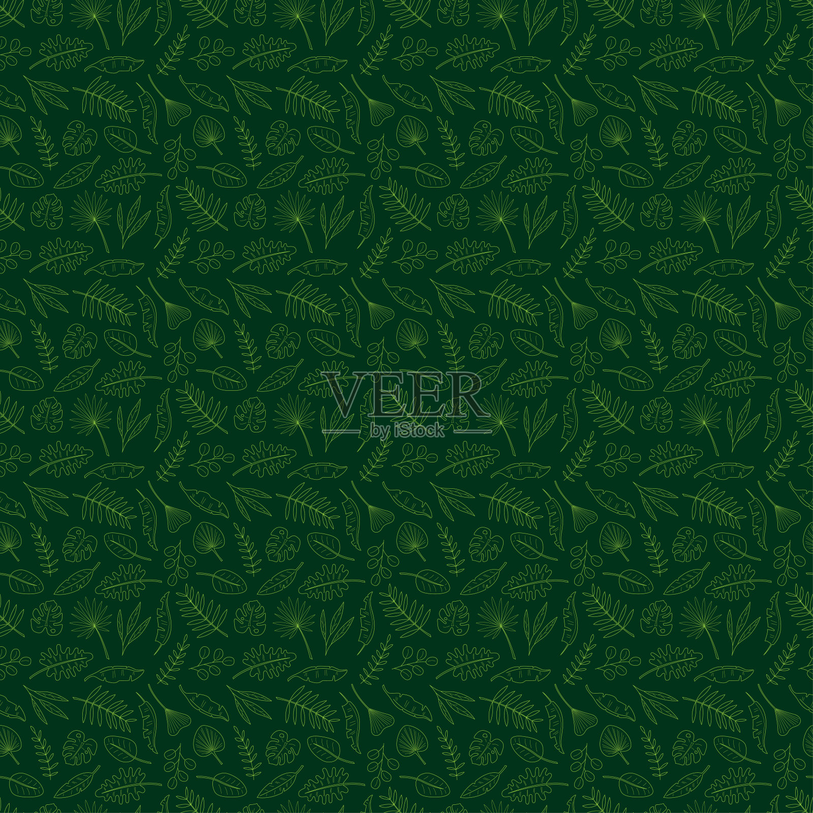 无缝图案与13个不同的棕榈叶在深绿色的背景。涂鸦颜色矢量插图。插画图片素材