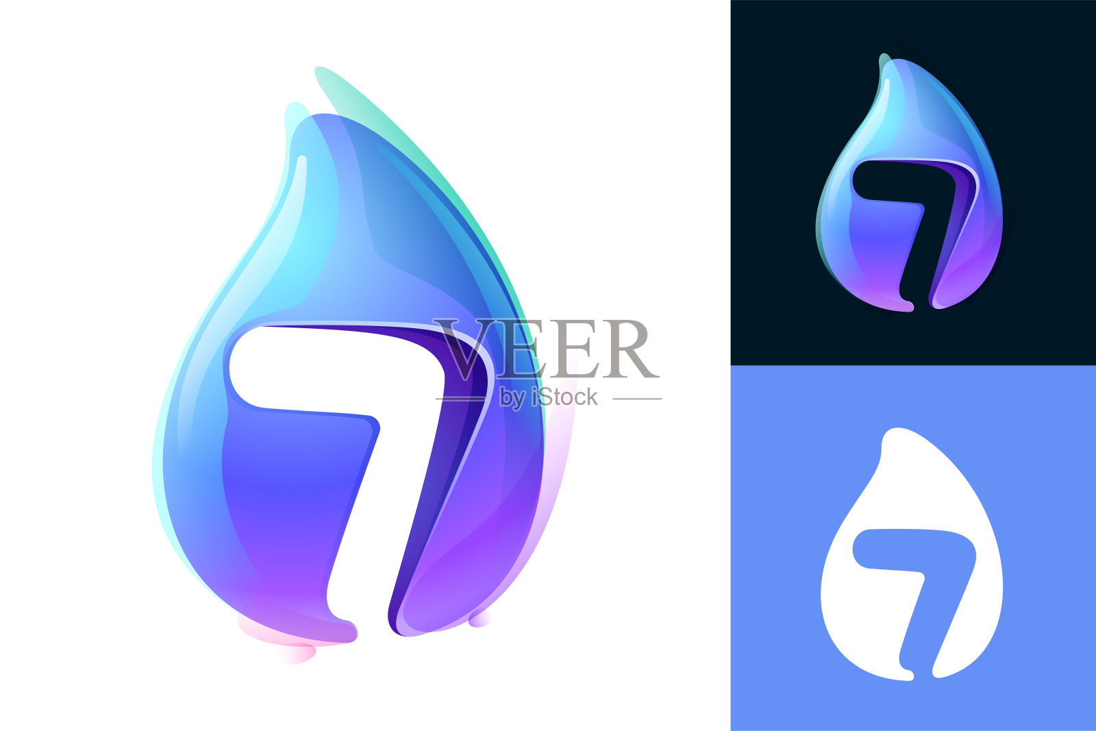 7标志。纯净水滴7号标志。生态友好的3D逼真的图标。狂野的波浪在重叠水彩风格初始。插画图片素材