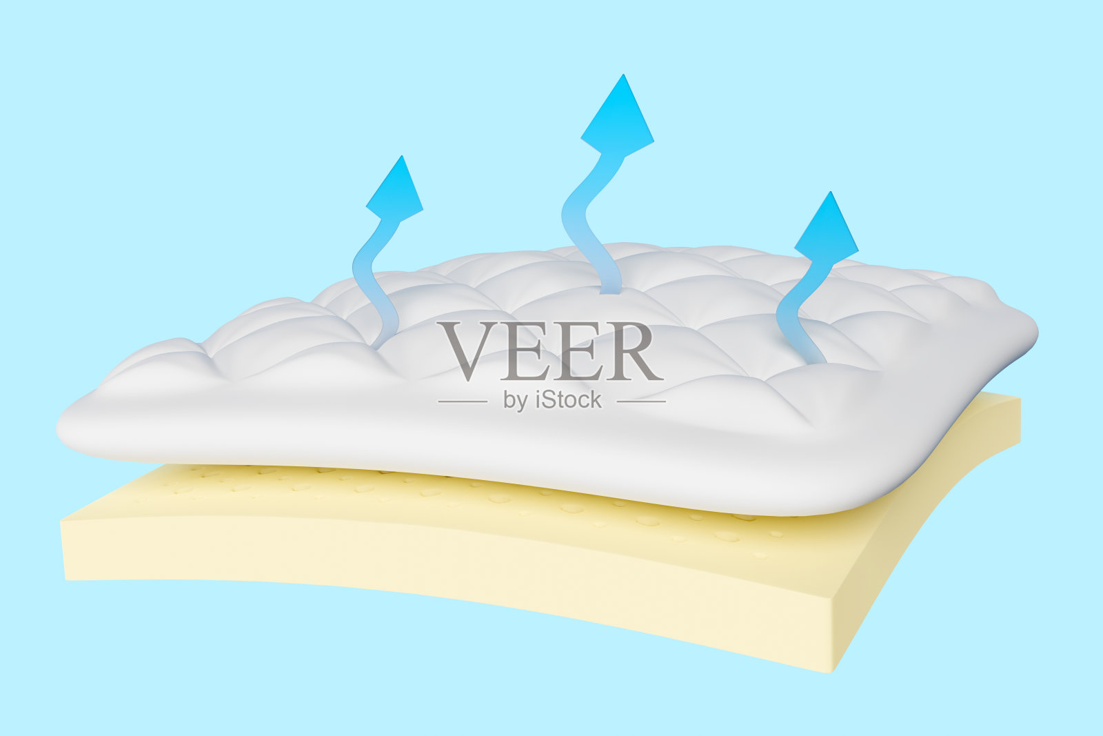 三维分层片材床垫与织物，天然乳胶，箭头隔离在蓝色背景。柔软透气的材质概念。3d渲染图照片摄影图片