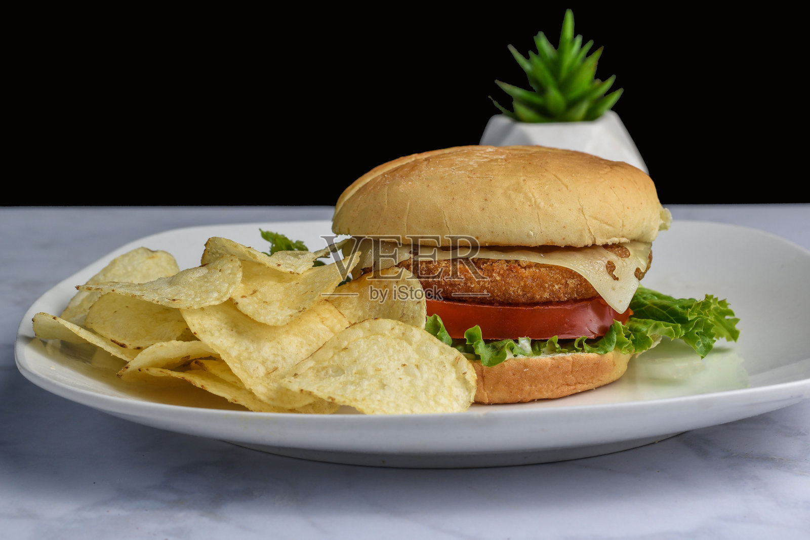 鸡肉馅饼三明治配薯片照片摄影图片