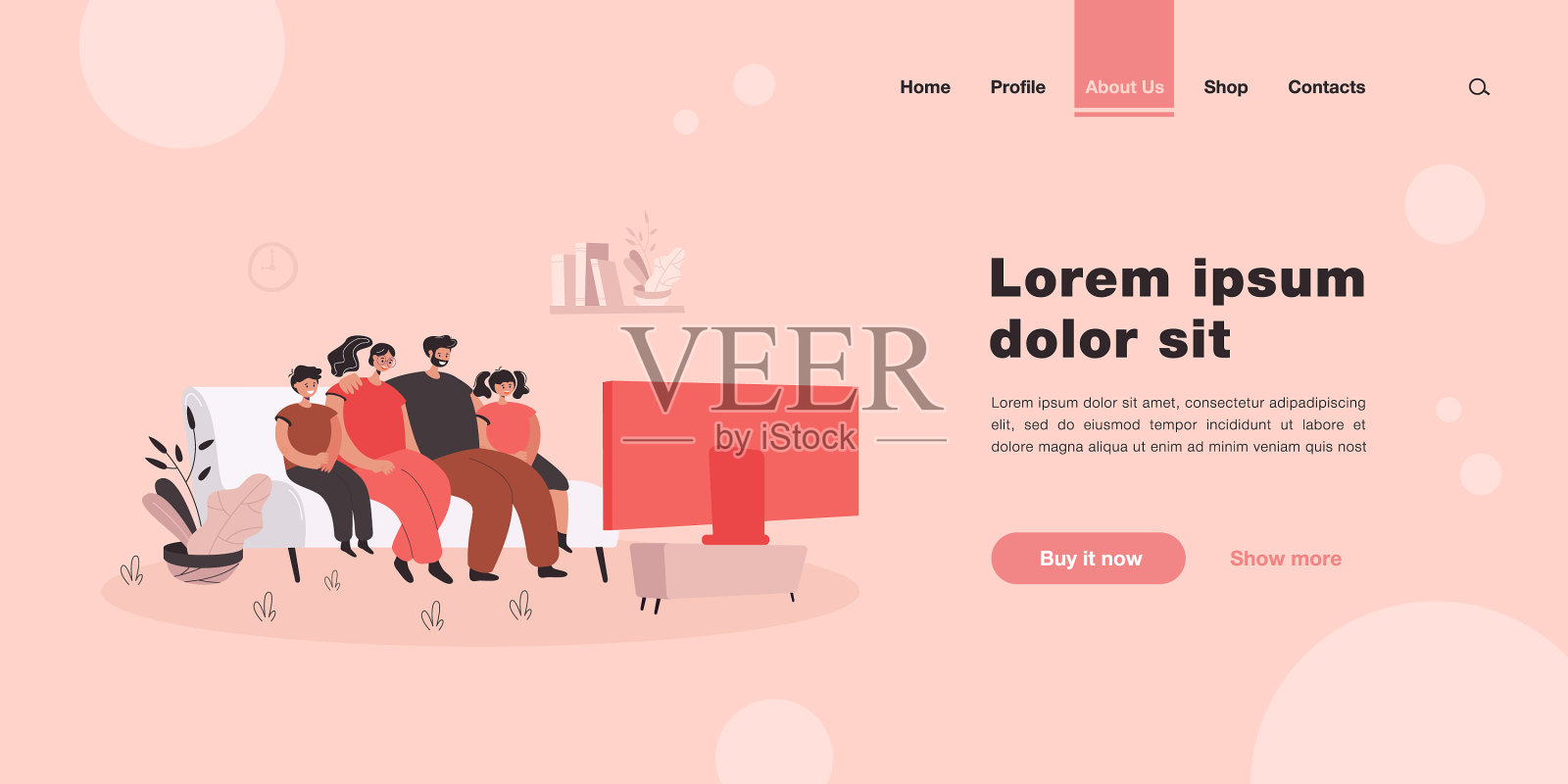 卡通家庭在客厅看电视插画图片素材