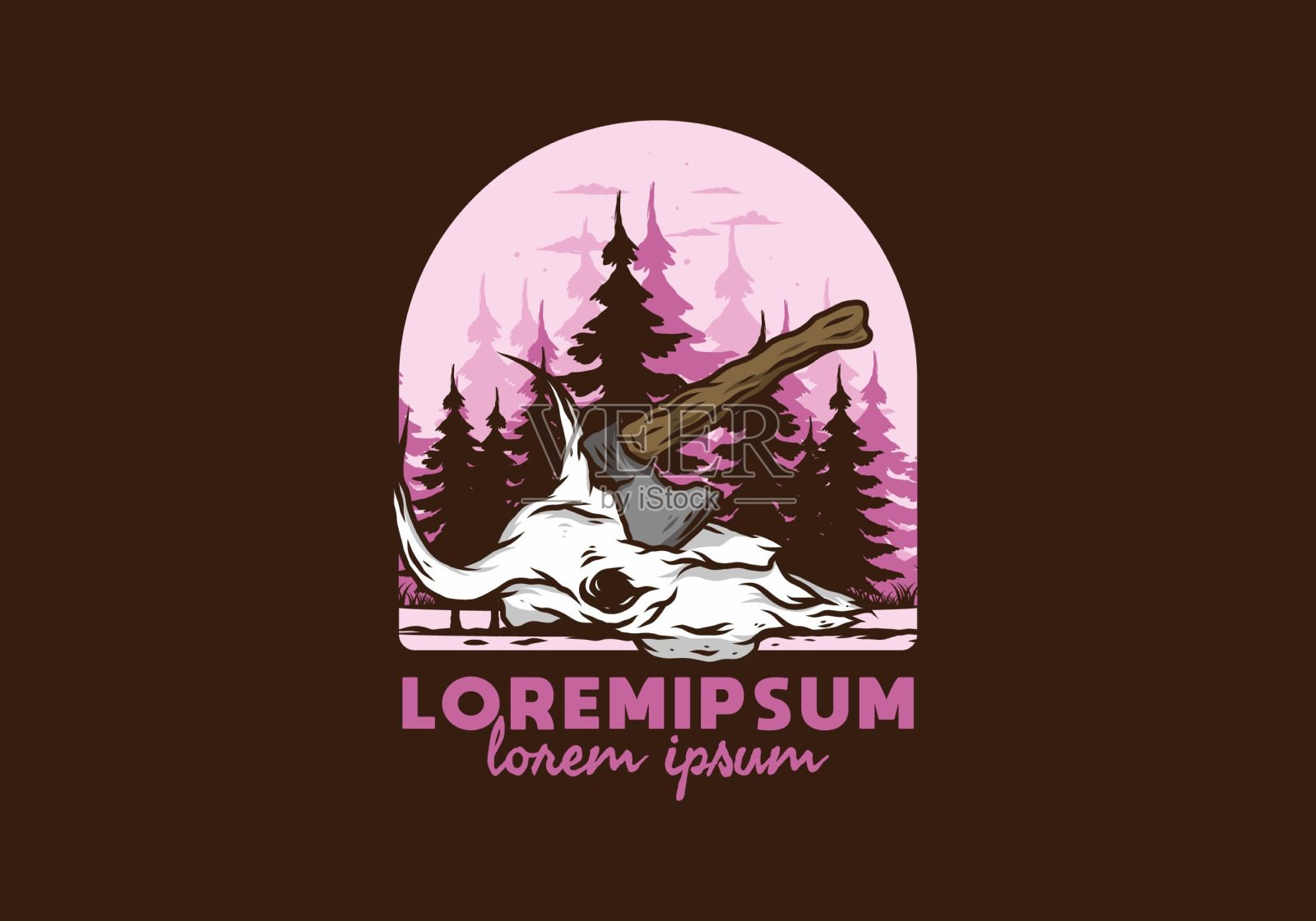 一把斧子插在水牛头骨上插画图片素材