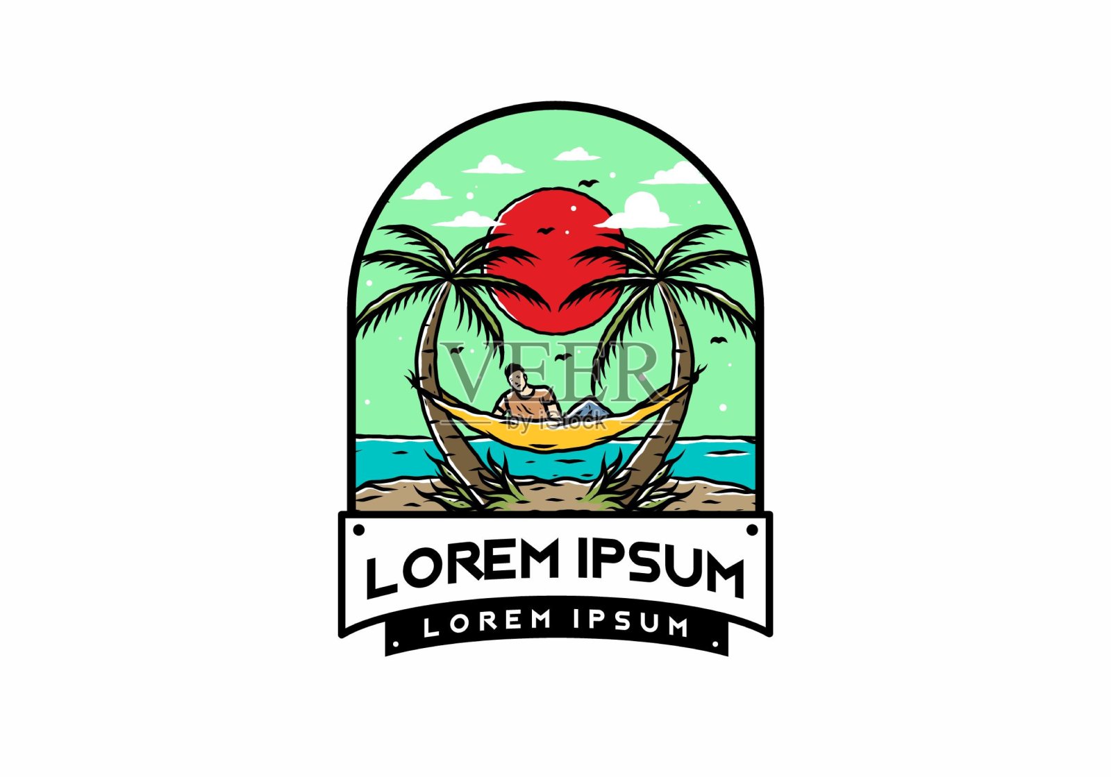 在沙滩上的吊床上放松插画图片素材