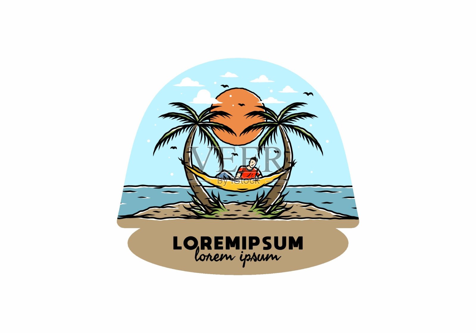 在沙滩上的吊床上放松插画图片素材