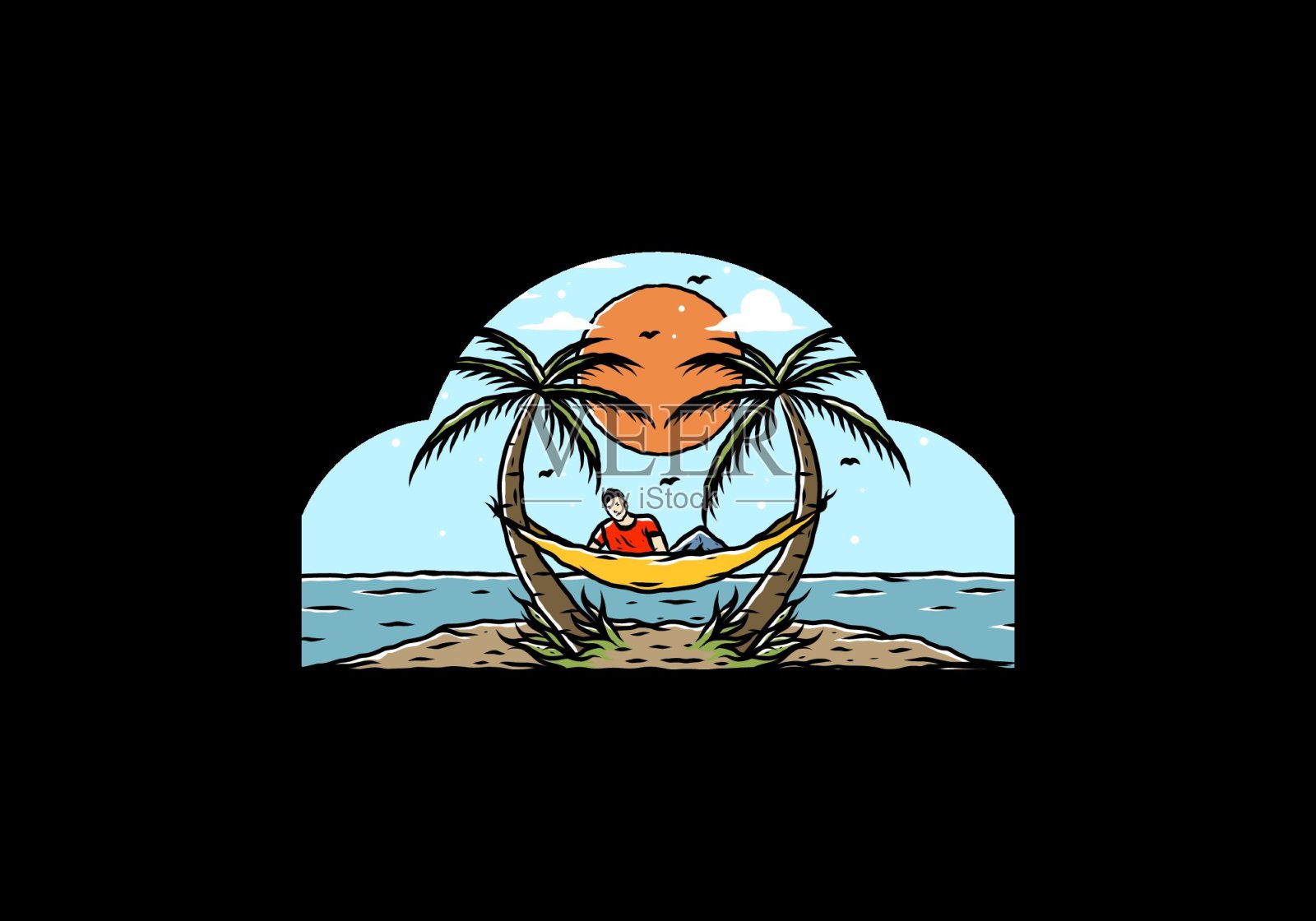 在沙滩上的吊床上放松插画图片素材