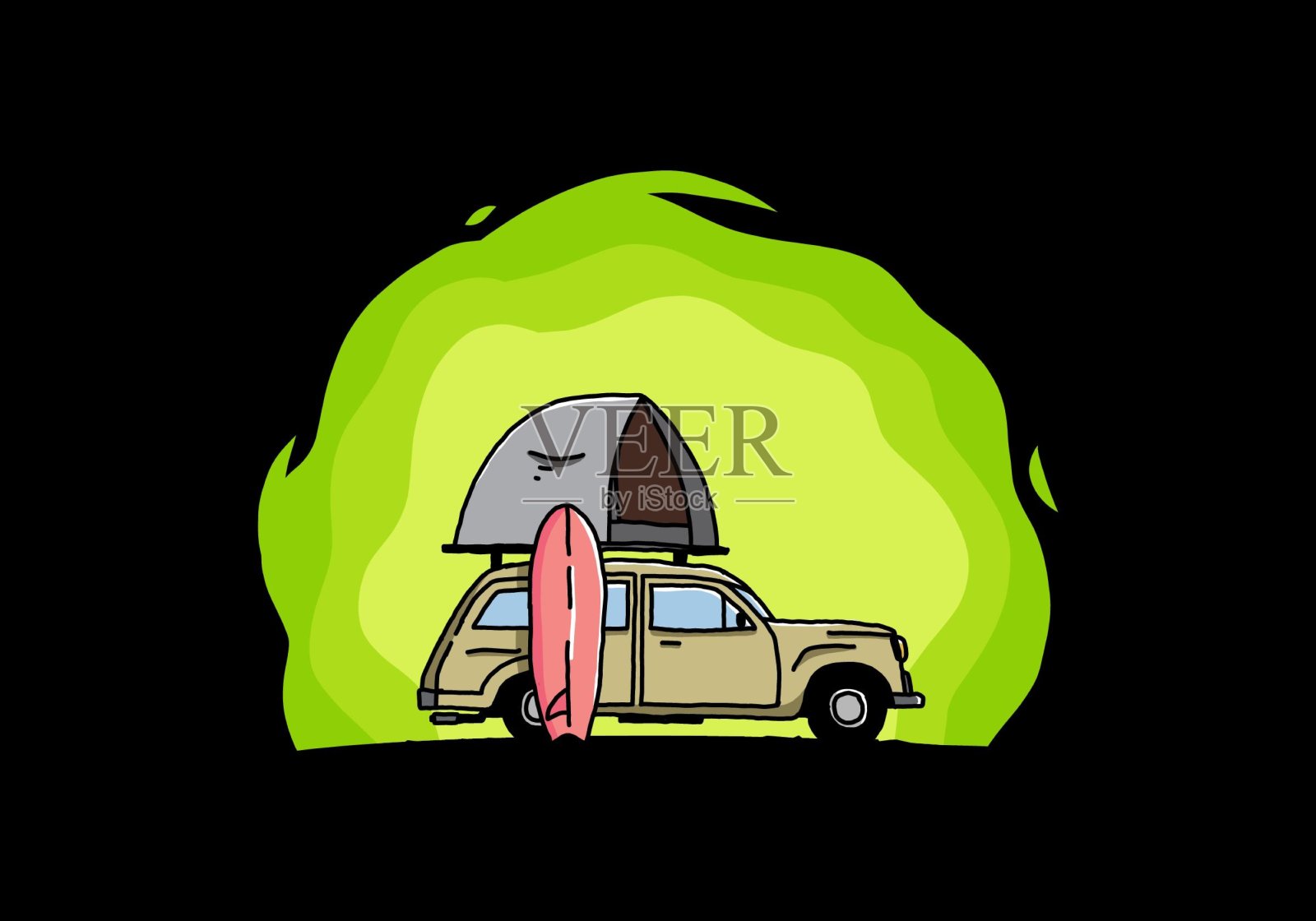 带有车顶帐篷和侧面冲浪板的汽车的插图插画图片素材