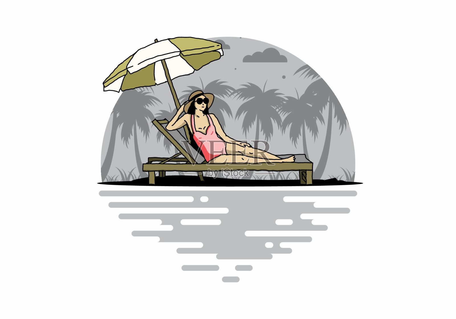 在有雨伞插图的沙滩椅上放松插画图片素材
