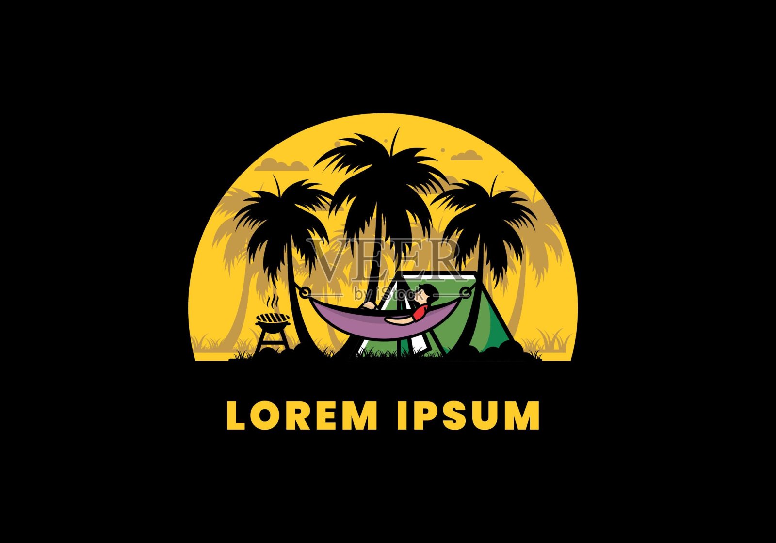 带有椰子树插图的帐篷和吊床插画图片素材