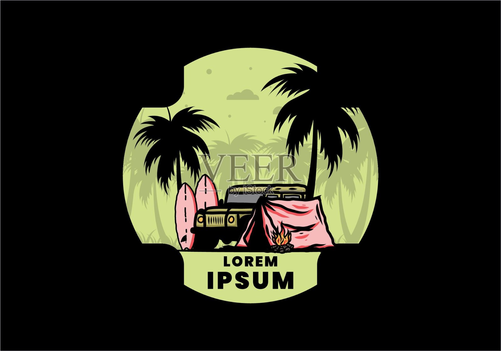 在海滩上和越野车露营设计模板素材