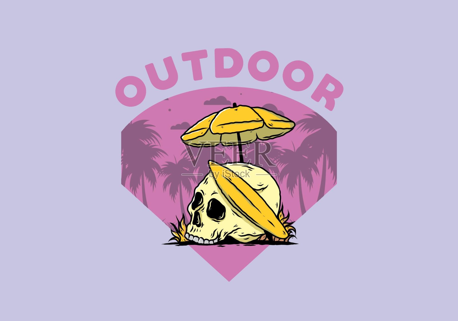 沙滩伞下的冲浪板和头骨的插图插画图片素材