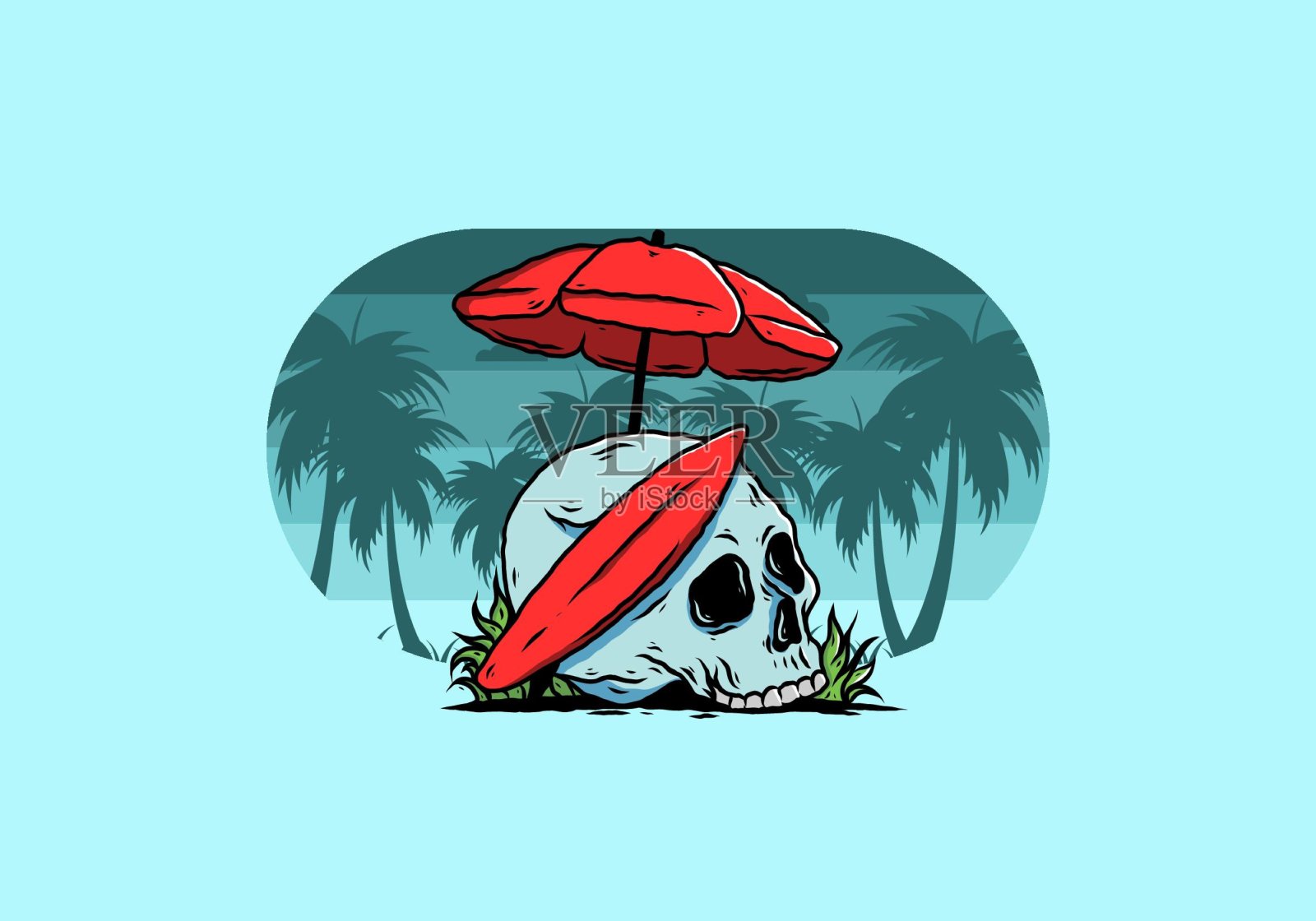 沙滩伞下的冲浪板和头骨的插图插画图片素材