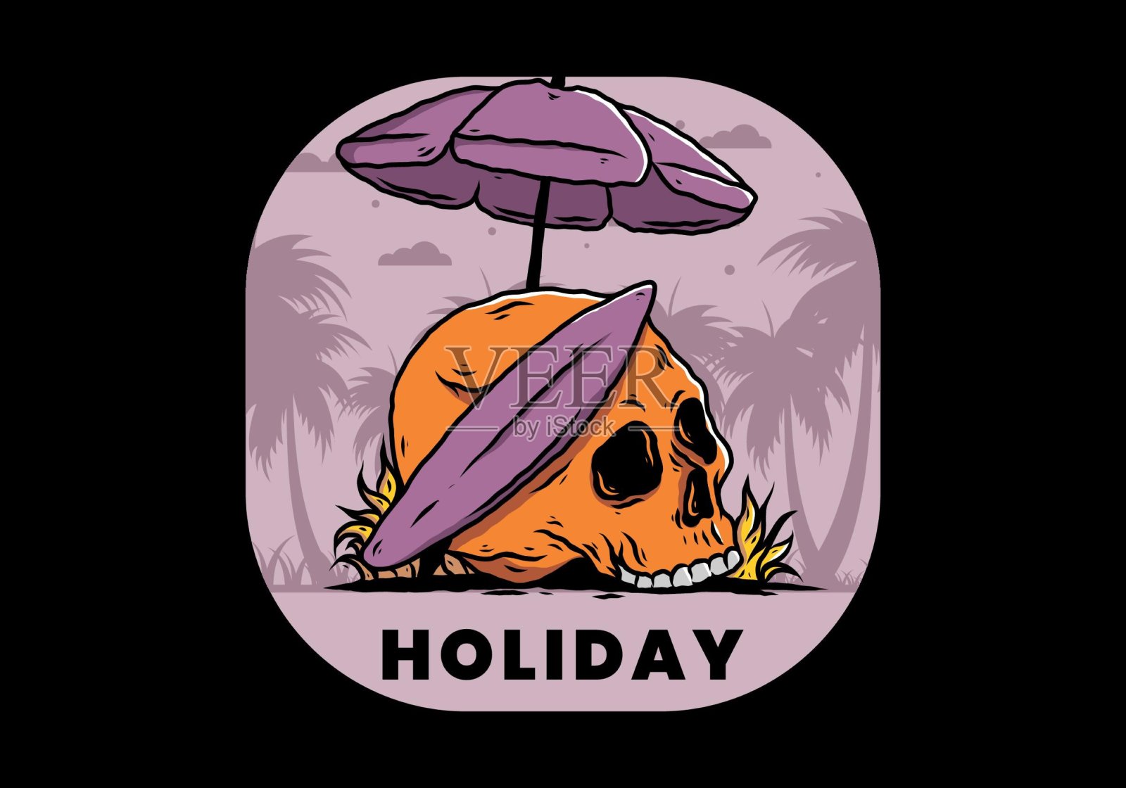 沙滩伞下的冲浪板和头骨的插图插画图片素材